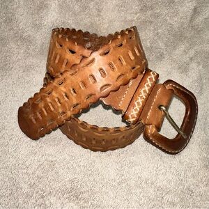 Vintage Made in Italy Brown Leather Scalloped Belt Wide Waist Cinch Size M 80s